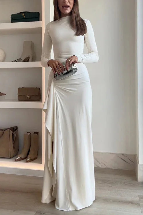 Elegant White Ruched Dresses Womens Long Sleeve Curvy Slit Evening Luxury Party Dress Winter Evening Black Gowns Red Prom