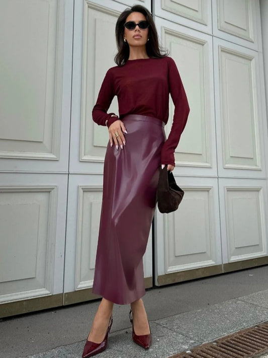 Women Elegant Burgundy Skirt High Waist Slim Fashion Slit Long Skirts