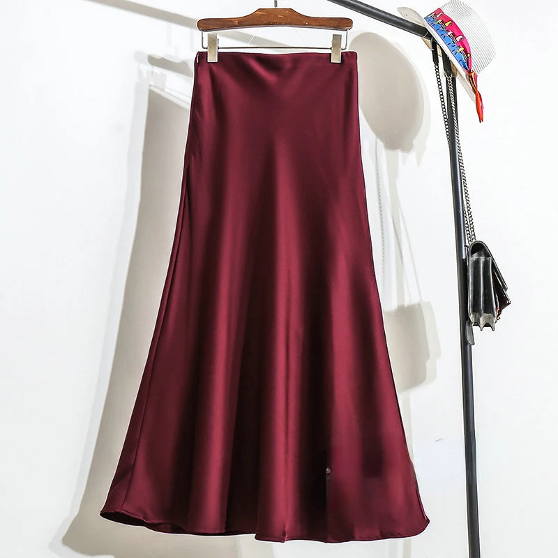 New Fashion Satin Skirt Office Lady Elastic Waist Solid Champagne Purple Red Silk A-LINE Skirt for Women