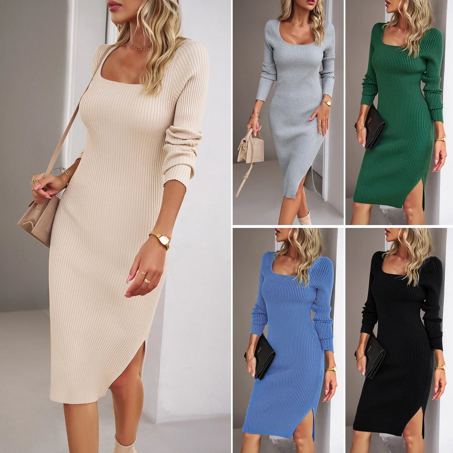 Female Solid Color O-neck Sweater Long Sleeve Dress Lady's Slit Package Hip Dress Women's Dress