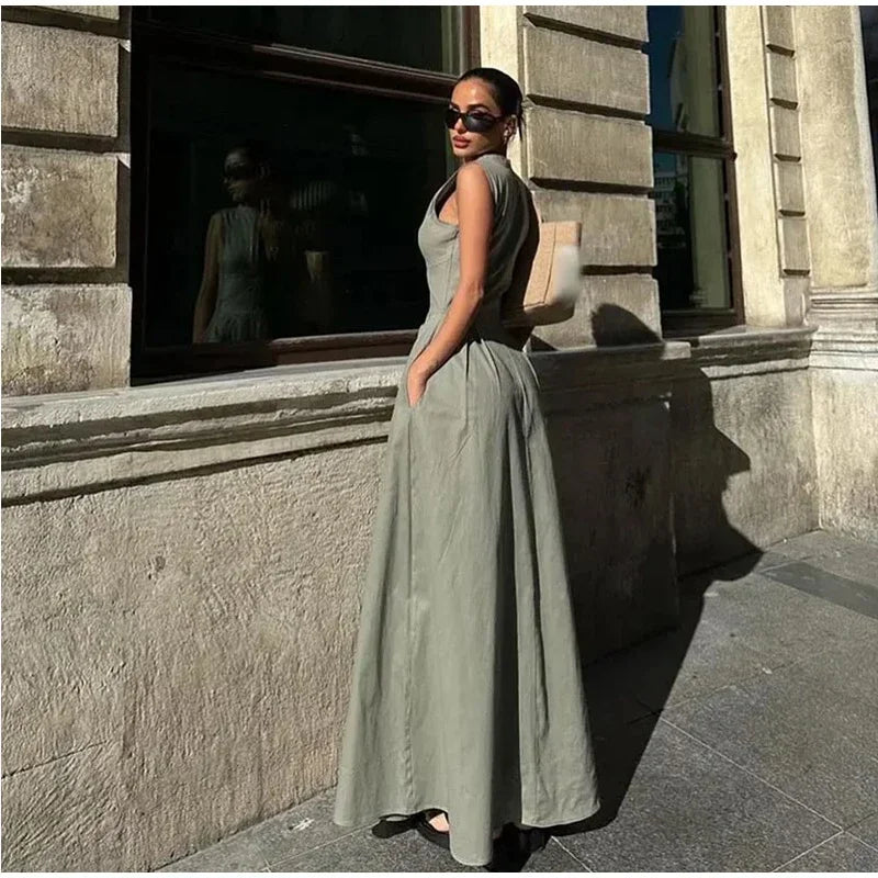 Sleeveless Spliced Zipper Maxi Summer Dress Women Elegant High Waist Slim Pleated Long Dresses Office Lady Street Robes Female