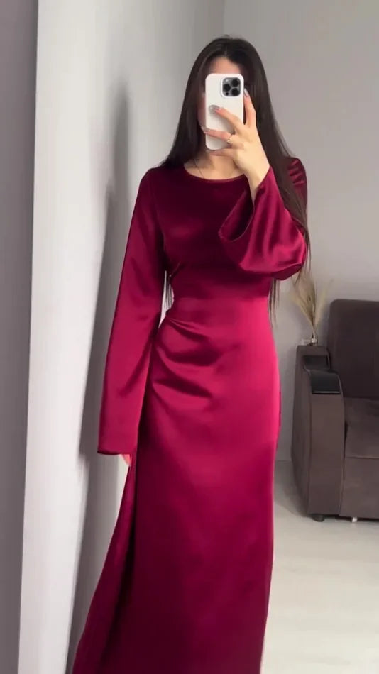 Long Dresses  New Lace Up Waist Slimming Lace Wine Red Color  Sleeved British Style Elegant Dresses for Women