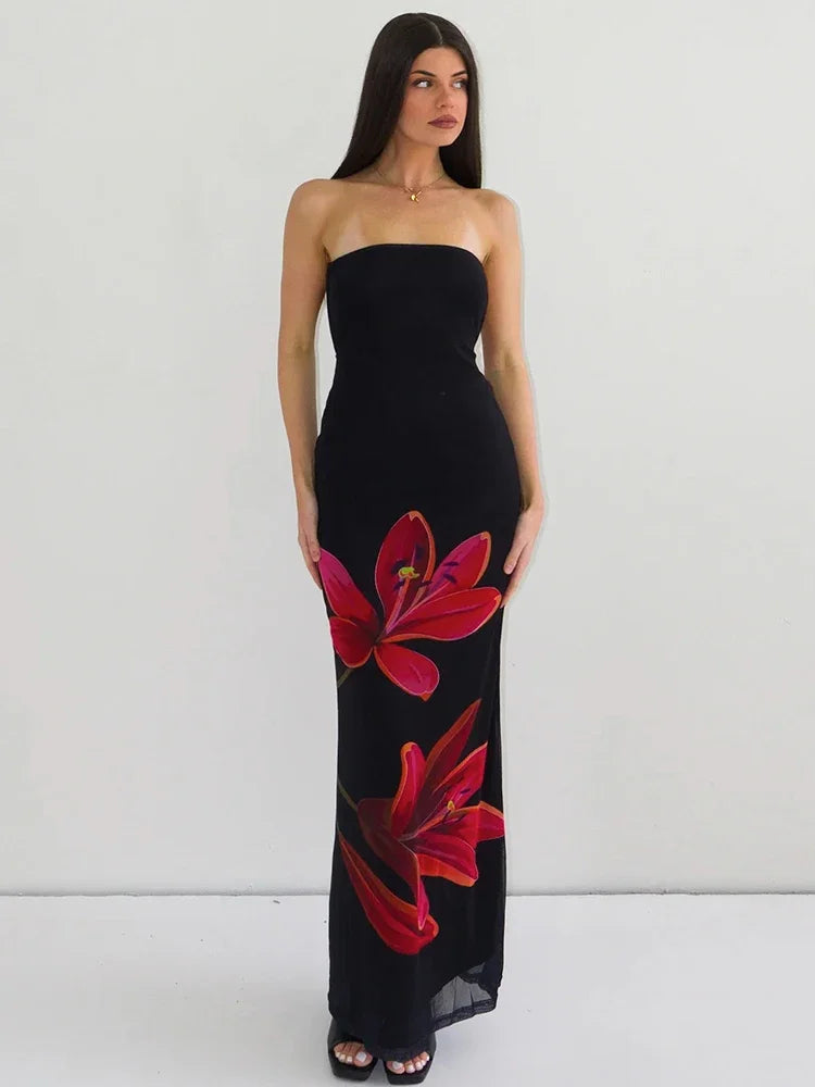 Sleeveless Flower Print Tube  Midi Dress Backless Lace Up Elegant  Outfit Party Club Autumn Winter