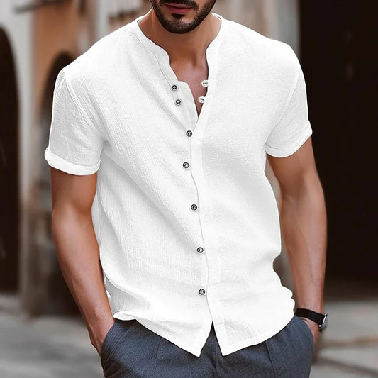 New Style Men's Shirt Summer Fashion Trend Stand-Up Collar Cotton Hemp Button Casual Slim Short Sleeve Top