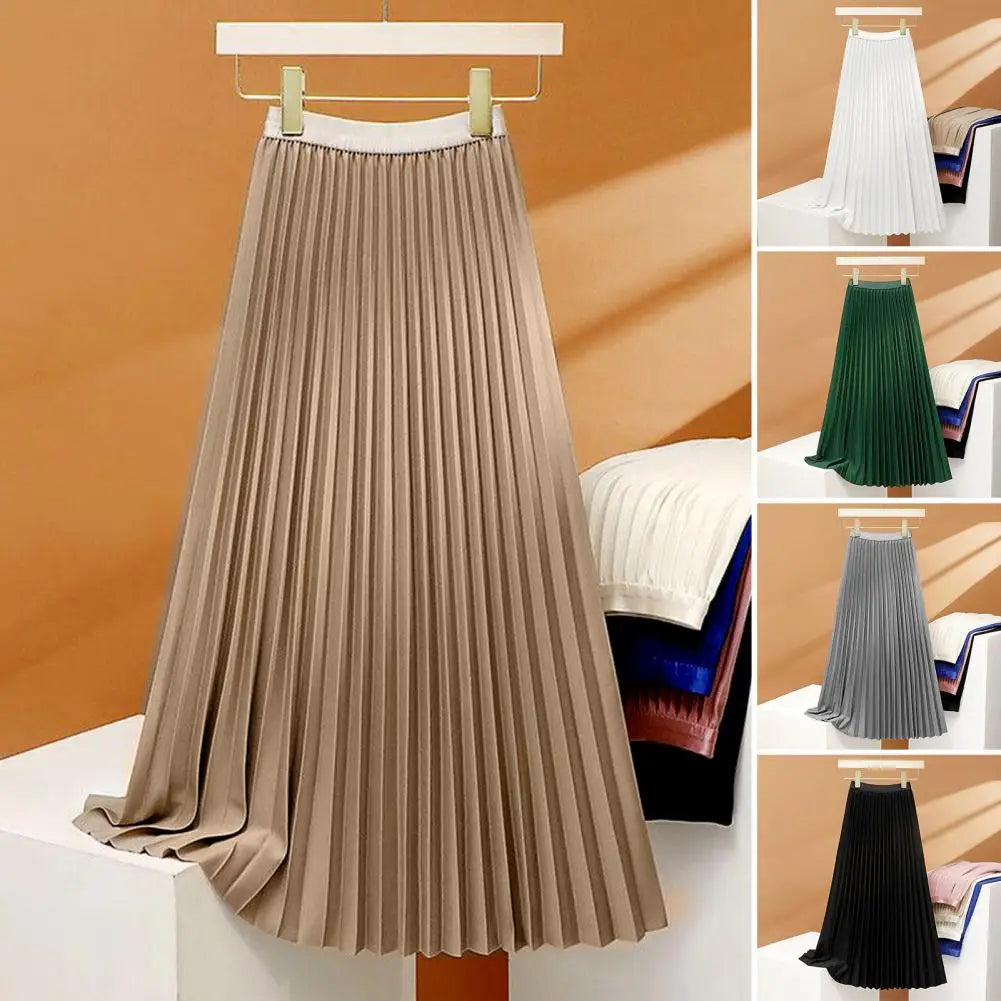 Women Maxi Skirt Casual Elastic High Waist Pleated Skirt Solid Color Smooth Satin A-Line Skirt Women's Clothing For Daily Wear