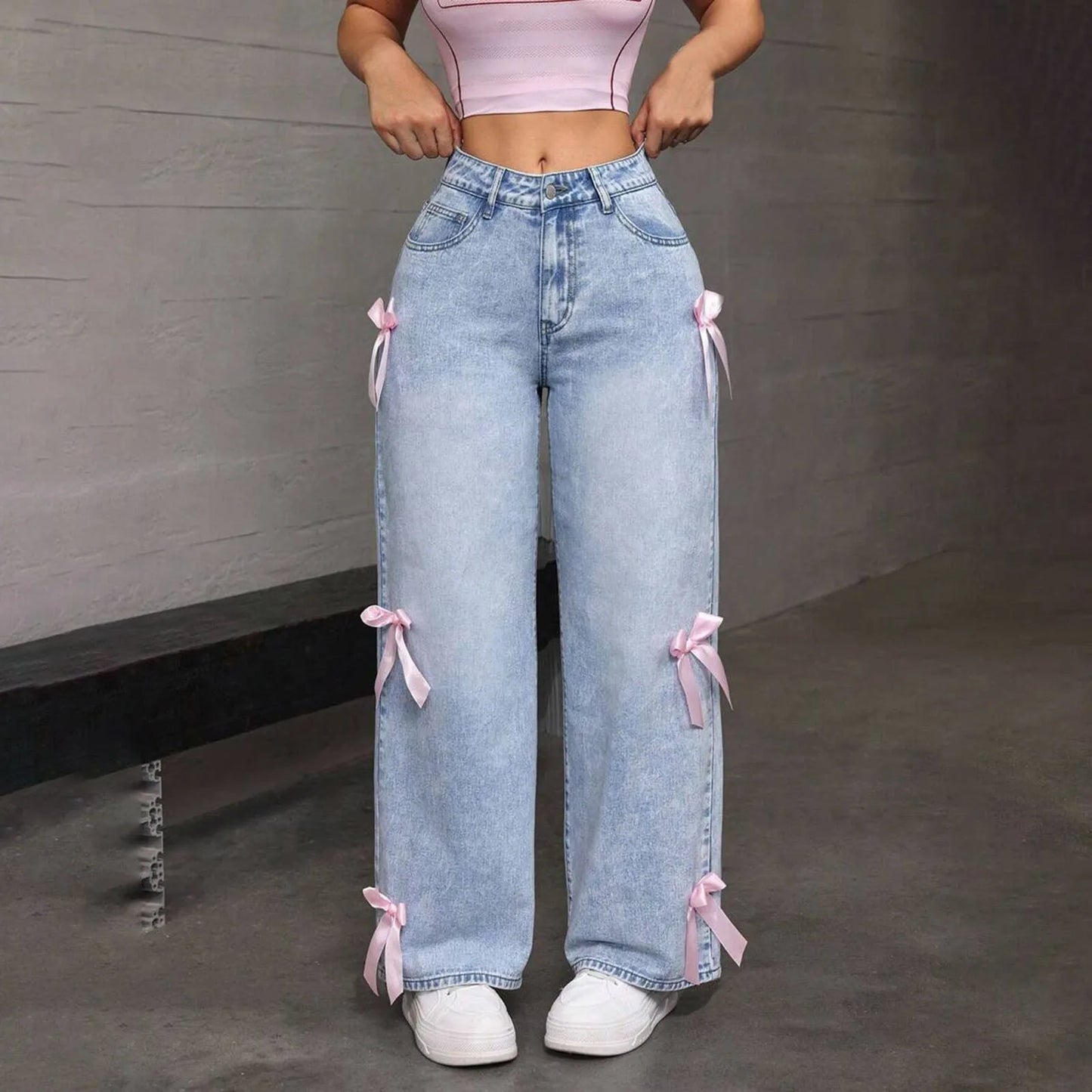 Jeans For Women High Quality High Waist American Wide Leg Pants Bow Embroidery