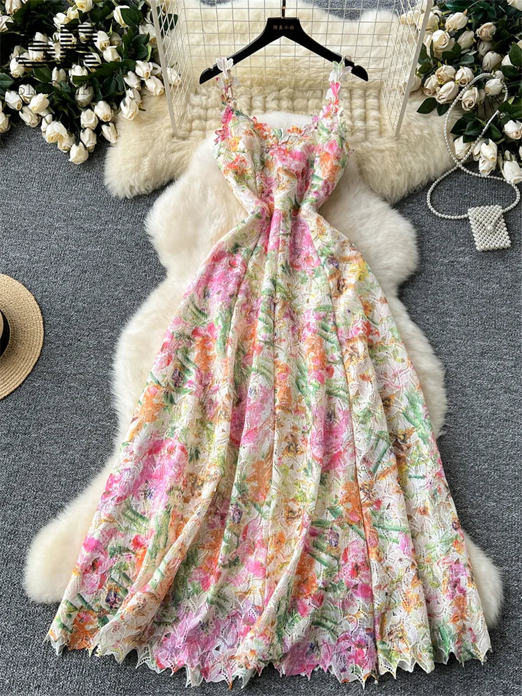 Floral Print Strap Dress Women French Style Hollow Out Zipper Design Ladies Summer Mesh Elegant Vacation Maxi Dress