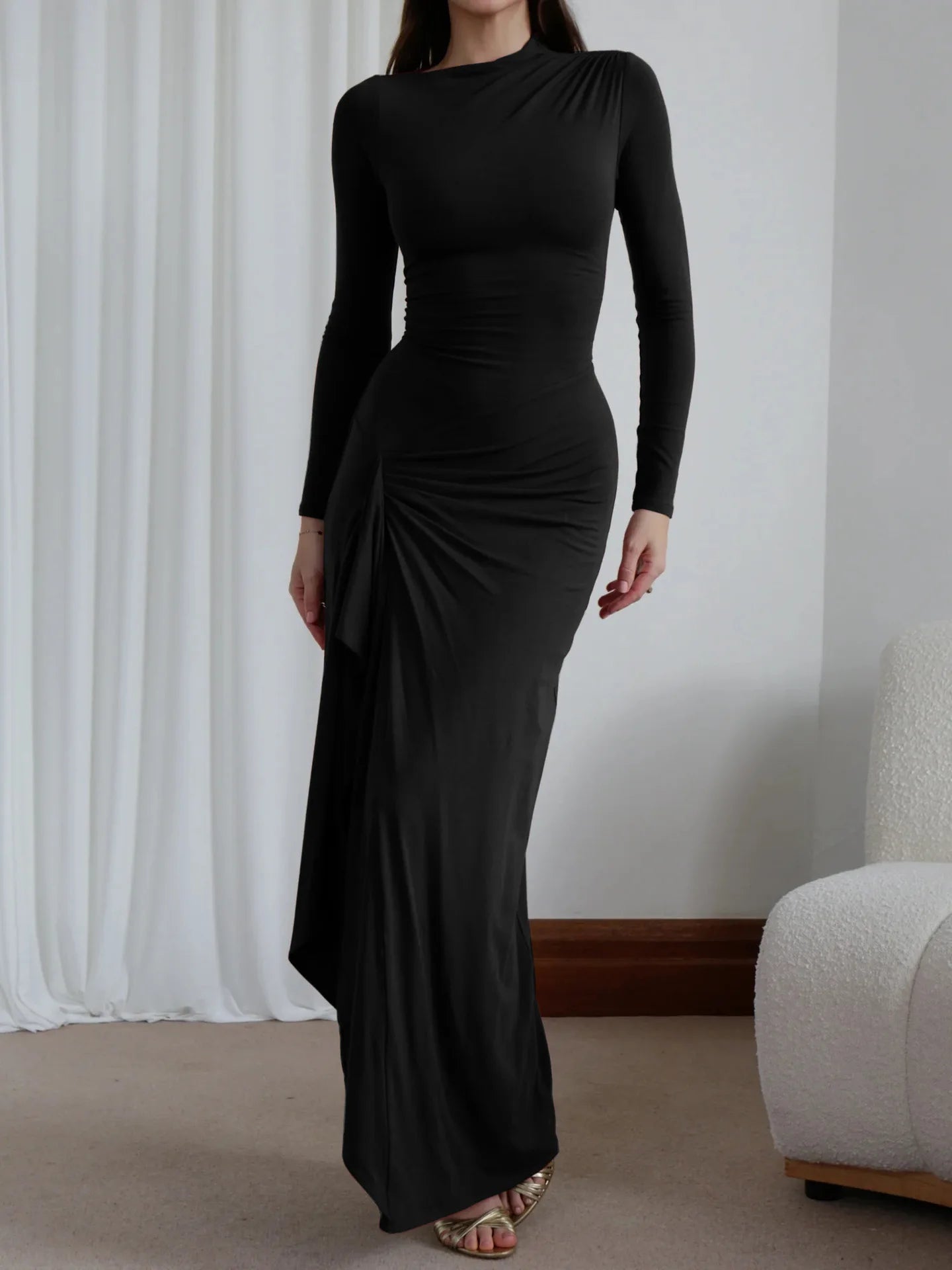 Elegant White Ruched Dresses Womens Long Sleeve Curvy Slit Evening Luxury Party Dress Winter Evening Black Gowns Red Prom