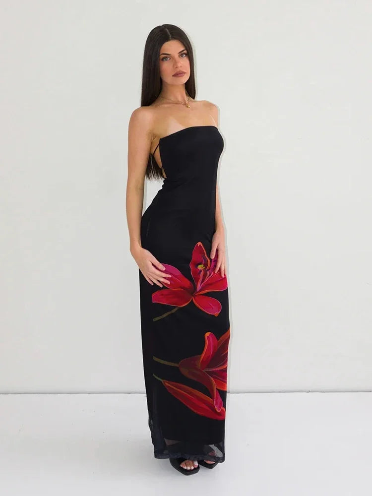 Sleeveless Flower Print Tube  Midi Dress Backless Lace Up Elegant  Outfit Party Club Autumn Winter