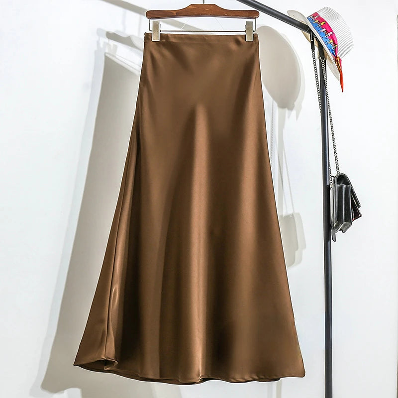 New Fashion Satin Skirt Office Lady Elastic Waist Solid Champagne Purple Red Silk A-LINE Skirt for Women