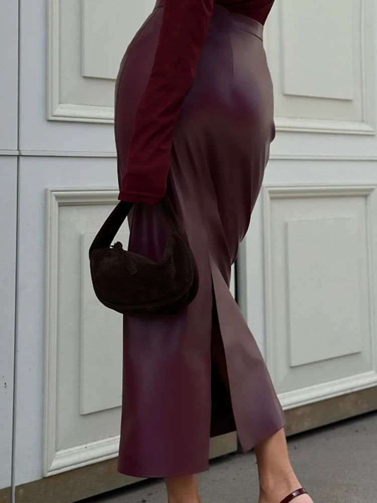 Women Elegant Burgundy Skirt High Waist Slim Fashion Slit Long Skirts