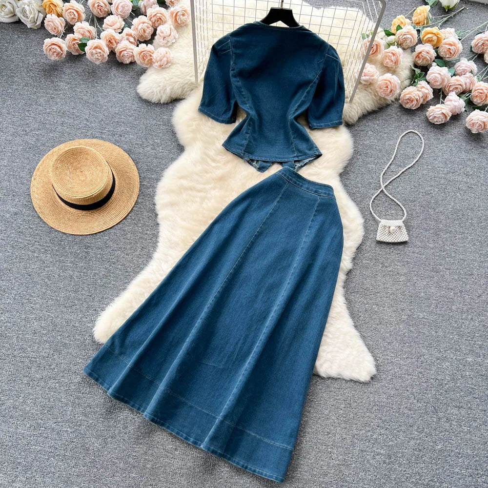 Western Style Denim Dress Set Women Suit New Sexy Retro Square Collar Puff Short Sleeve Shirt Top + High Waist A-line Long Skirt