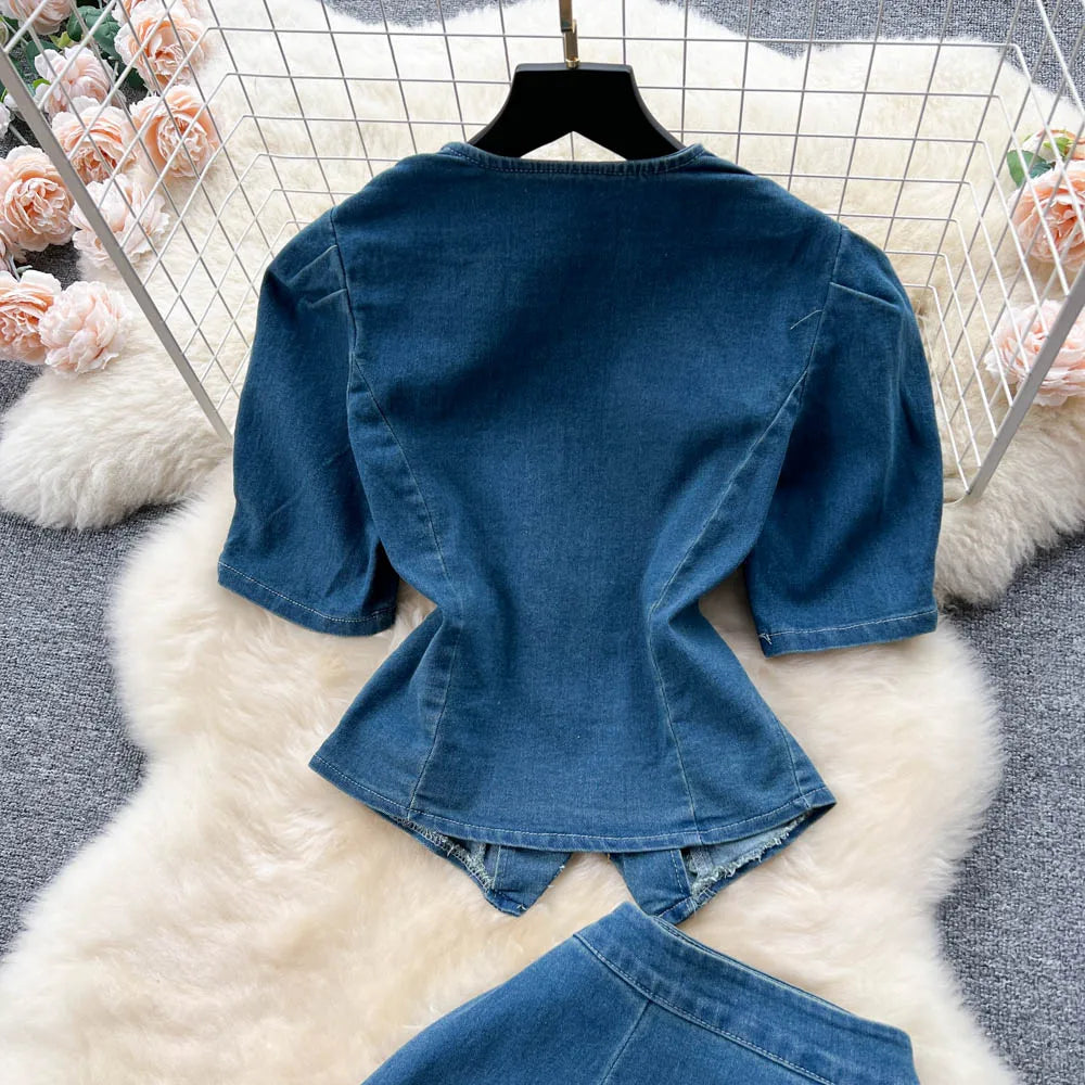 Western Style Denim Dress Set Women Suit New Sexy Retro Square Collar Puff Short Sleeve Shirt Top + High Waist A-line Long Skirt