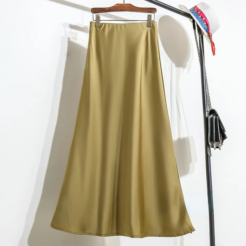 New Fashion Satin Skirt Office Lady Elastic Waist Solid Champagne Purple Red Silk A-LINE Skirt for Women