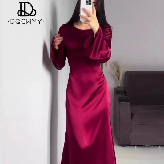 Long Dresses  New Lace Up Waist Slimming Lace Wine Red Color  Sleeved British Style Elegant Dresses for Women