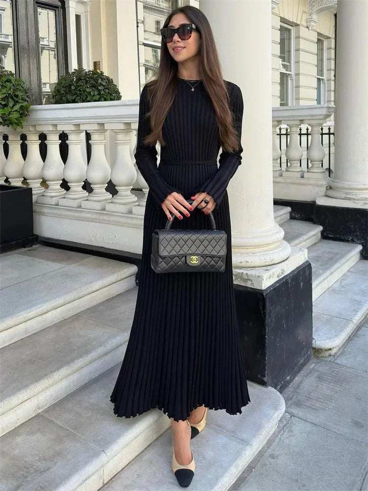 Lace-Up Female Knit Maxi Dress High Waist Fashion Patchwork Long Sleeve Loose Solid Dress Bandage Knitwear Dress