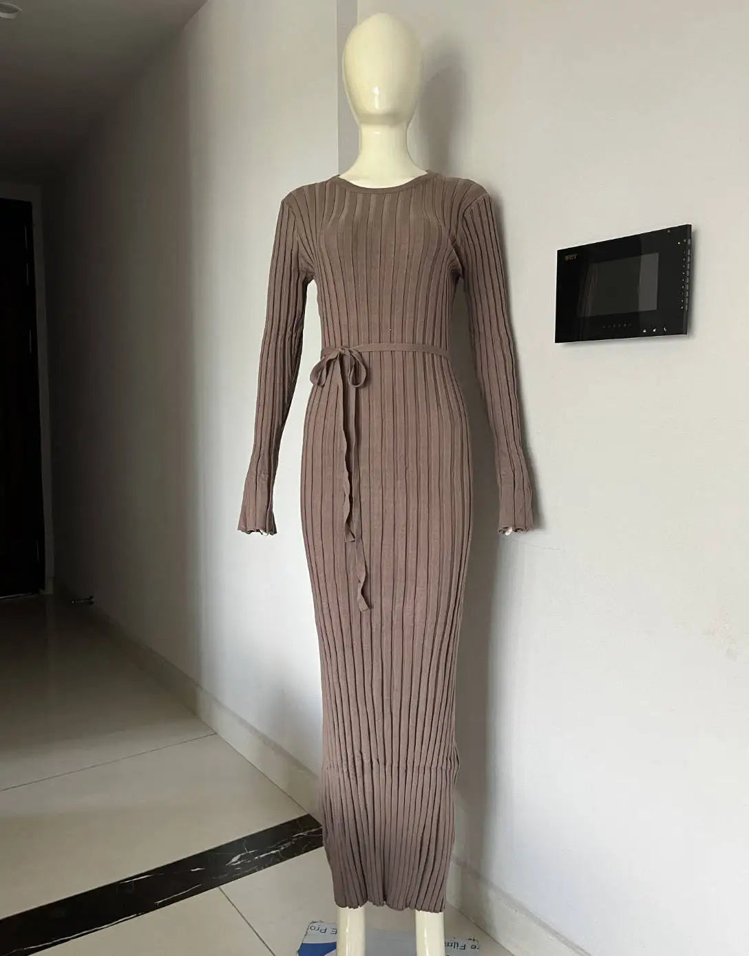 Lace-Up Female Knit Maxi Dress High Waist Fashion Patchwork Long Sleeve Loose Solid Dress Bandage Knitwear Dress