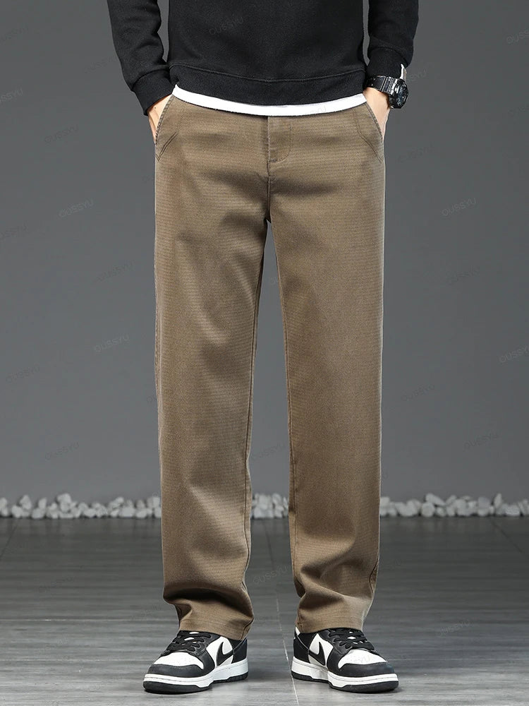 Grey Brown Casual Pants Men Lyocell Fabric Thick Classic Elastic Waist