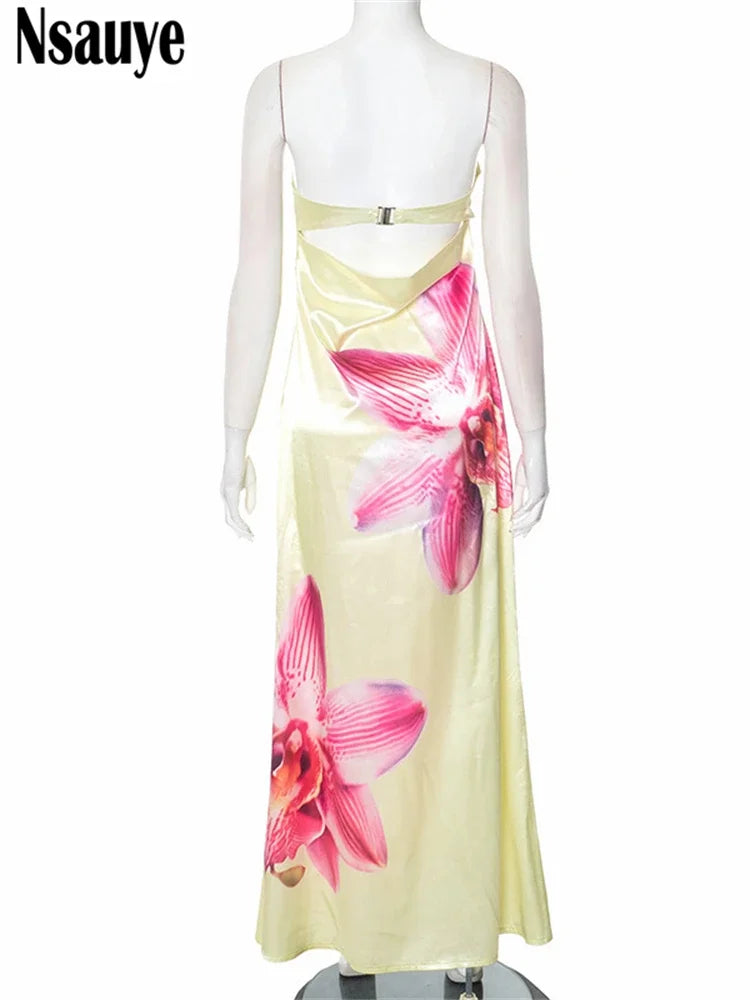 New Women Off Shoulder Long Dresses Spring Summer Holiday Floral Print Y2K Satin Beach Party Evening Strapless Dress