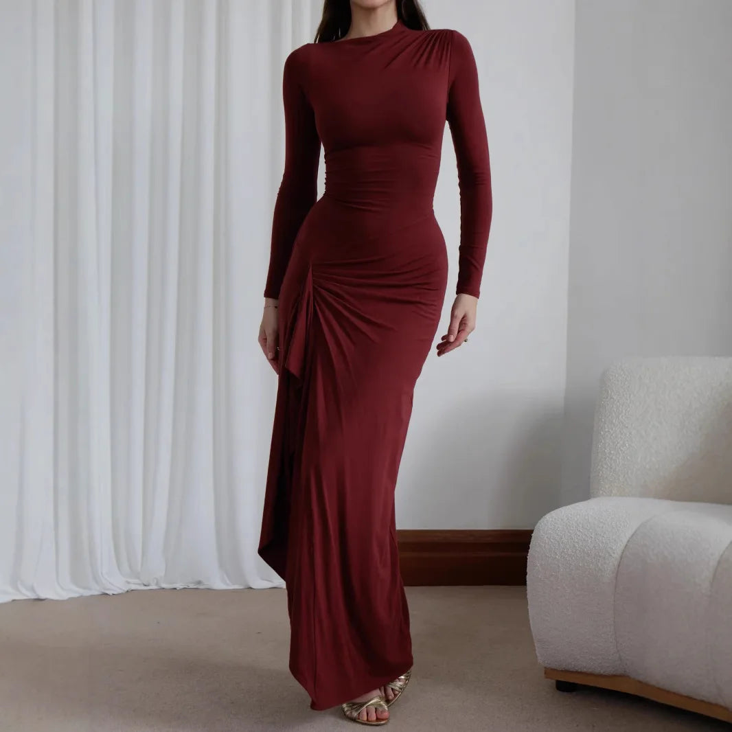 Elegant White Ruched Dresses Womens Long Sleeve Curvy Slit Evening Luxury Party Dress Winter Evening Black Gowns Red Prom