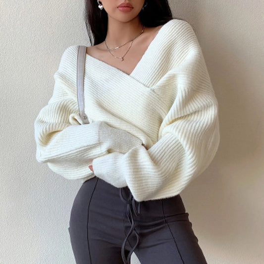 Winter New Cross Knitted Sweater Long Sleeve Sweater Fluffy  Elegant Off Shoulder Knit Thickened Pullover Sweater