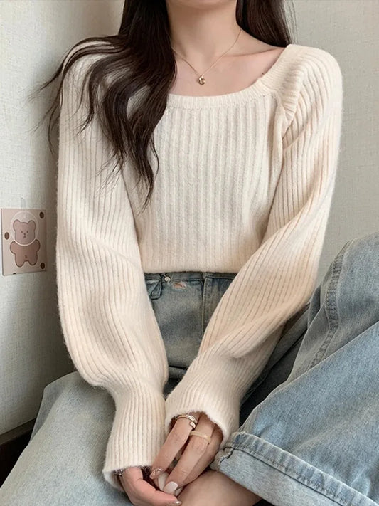 Women Sweaters Casual Soft Long Puff Sleeve Pullovers Jumpers Knitwear Basic Sweater For Women Tops