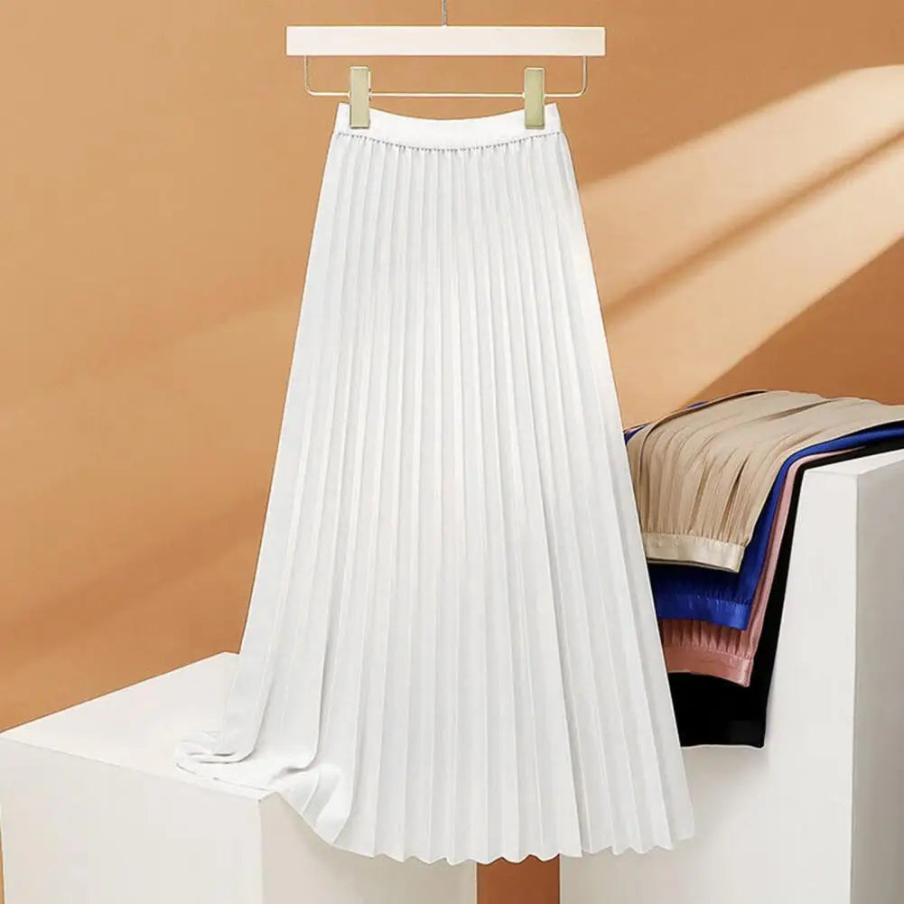 Women Maxi Skirt Casual Elastic High Waist Pleated Skirt Solid Color Smooth Satin A-Line Skirt Women's Clothing For Daily Wear