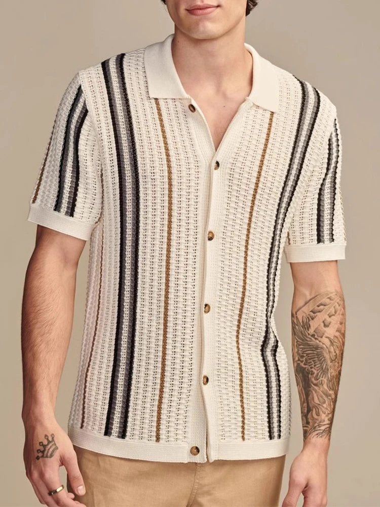 Spring Summer Stylish Striped Shirts Men Knitted Short Sleeve Lapel Buttoned Cardigan Tops Mens Casual Slim Fit Knit Shirt