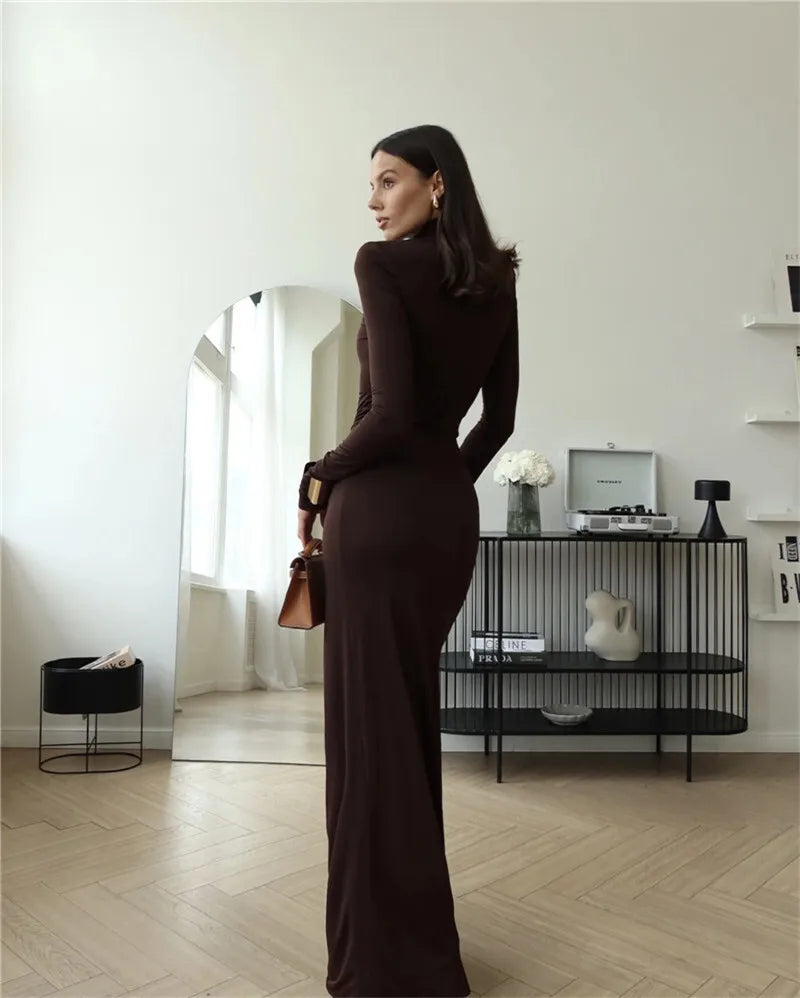 Turtleneck Thigh High Split Maxi Dress For Women Fashion Long Sleeve Draped Bandage