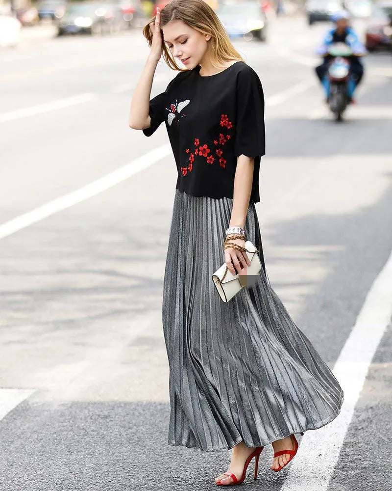 Check Skirt Pleated Maxi Skirt High Waist Harajuku Large Swing Gold Long Skirts