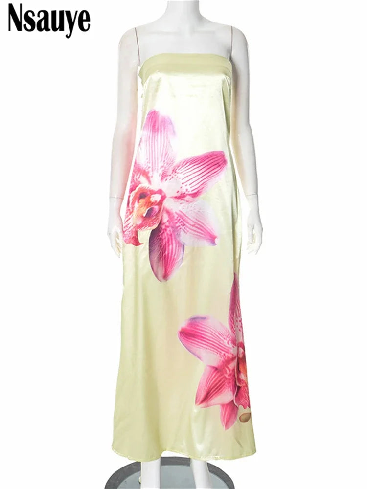 New Women Off Shoulder Long Dresses Spring Summer Holiday Floral Print Y2K Satin Beach Party Evening Strapless Dress