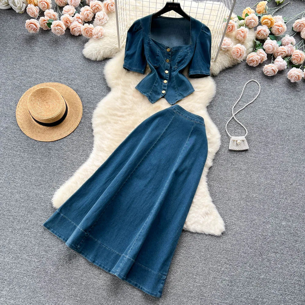 Western Style Denim Dress Set Women Suit New Sexy Retro Square Collar Puff Short Sleeve Shirt Top + High Waist A-line Long Skirt