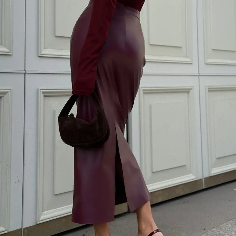 Women Elegant Burgundy Skirt High Waist Slim Fashion Slit Long Skirts