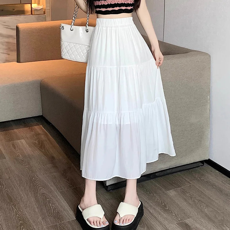 Summer Women High Waist Elastic Patchwork Chic Long Cake A-Line Skirts Casual Elegant All-Match Solid Big Swing Pleated Skirt