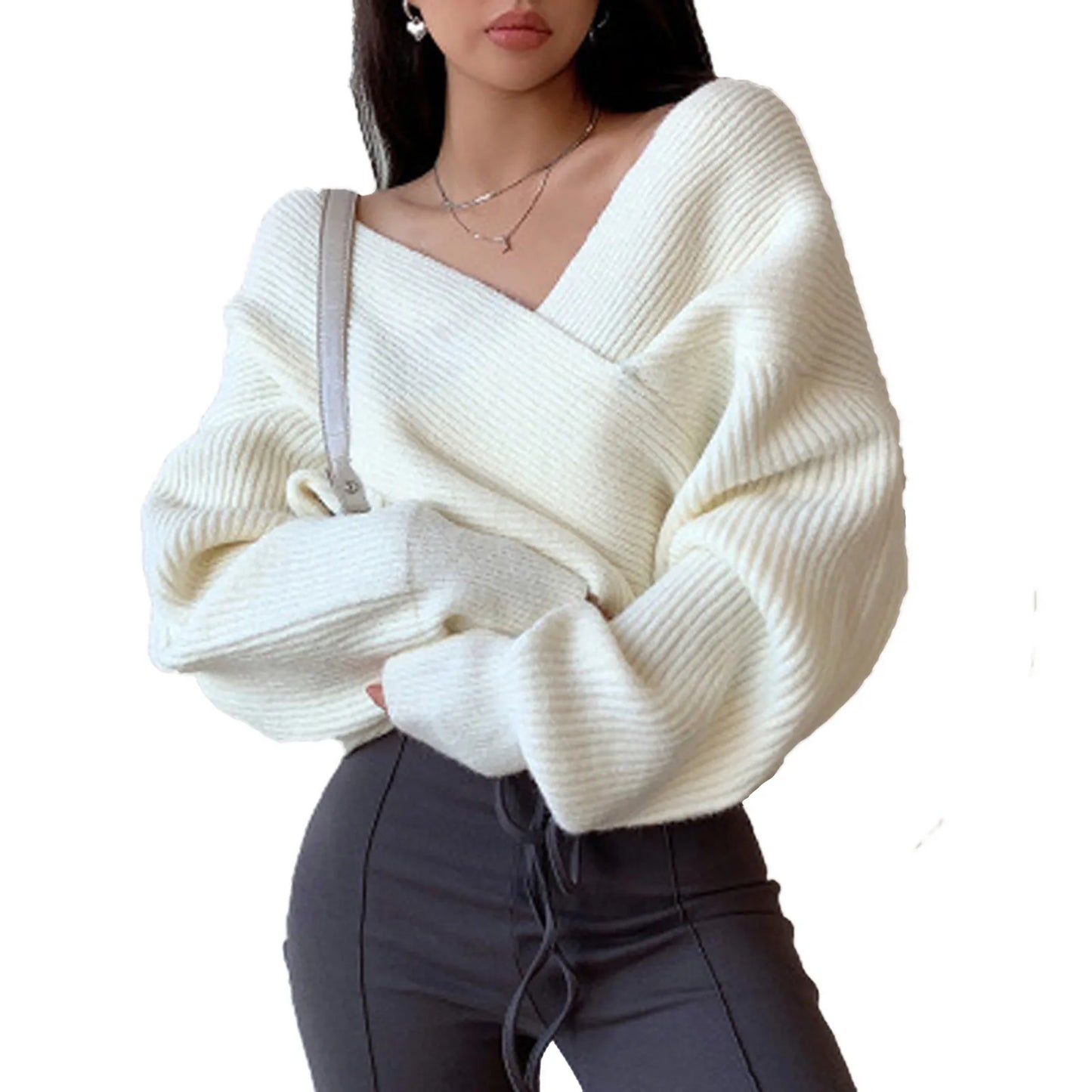 Winter New Cross Knitted Sweater Long Sleeve Sweater Fluffy  Elegant Off Shoulder Knit Thickened Pullover Sweater