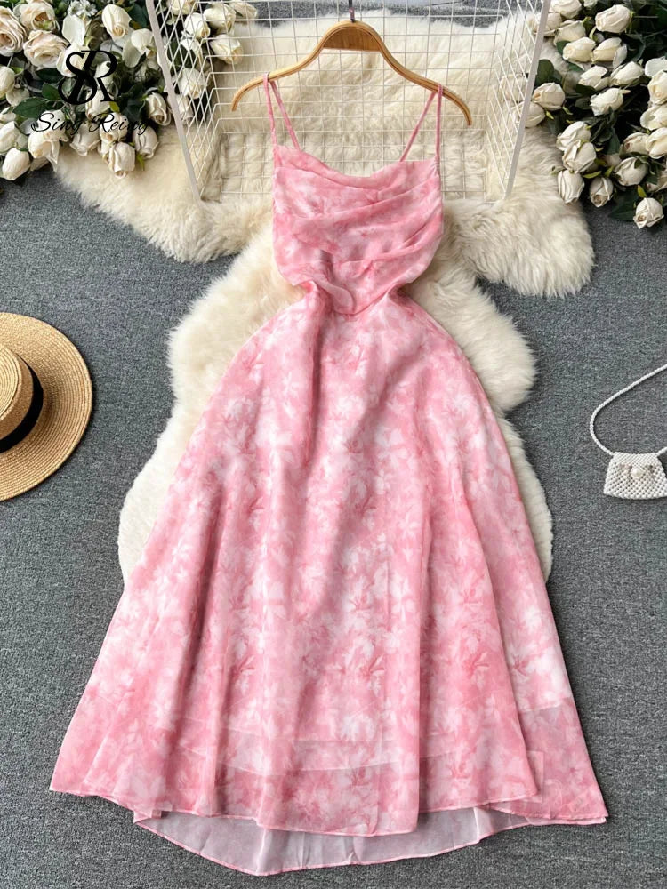 Women Floral Spaghetti Strap Dress Elastic Ruched Sexy Hollow Backless Party Dress Summer Boho Vacation Beach Sundress