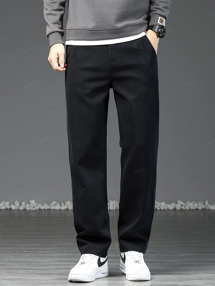 Grey Brown Casual Pants Men Lyocell Fabric Thick Classic Elastic Waist