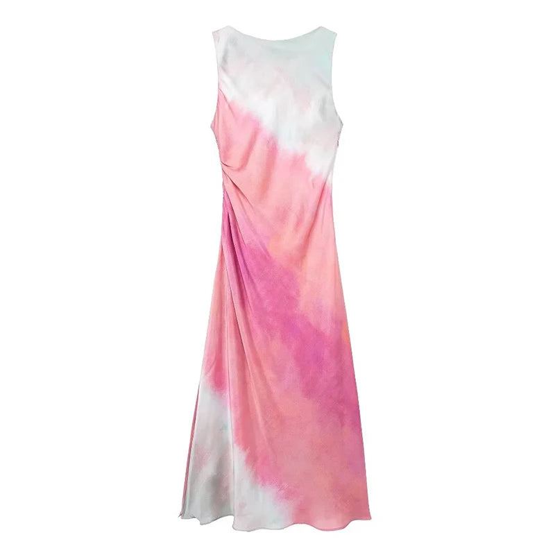 Women Fashion Tie Dye Printed Pleated Side Zipper Slit Midi Dress Vintage Sleeveless Female Chic Lady Dresses