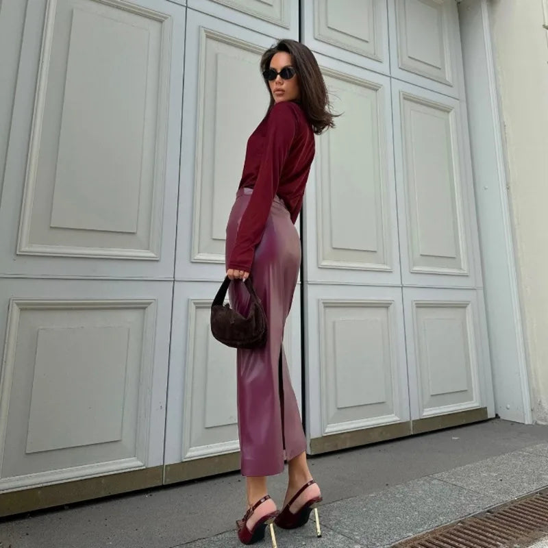 Women Elegant Burgundy Skirt High Waist Slim Fashion Slit Long Skirts