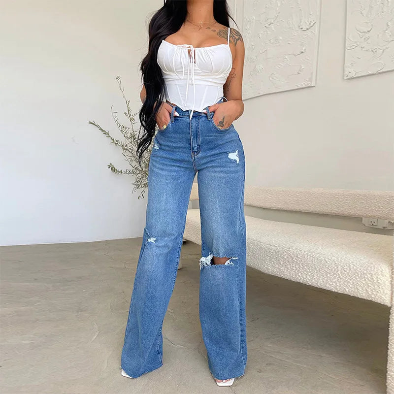 Women Jeans Wide Leg Pants Denim High Waist Zipper Fly Washing Holes Pockets High Street Ankle Length Flash