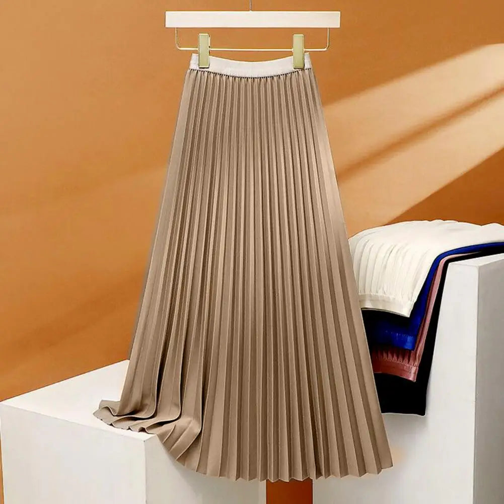 Women Maxi Skirt Casual Elastic High Waist Pleated Skirt Solid Color Smooth Satin A-Line Skirt Women's Clothing For Daily Wear