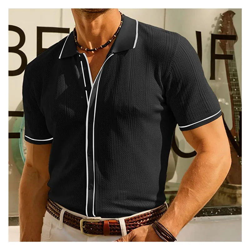 Summer Ice Silk Men Hollow Polo Shirt Breathable Soft Knit Shirt Top Men's Short-sleeved Tee