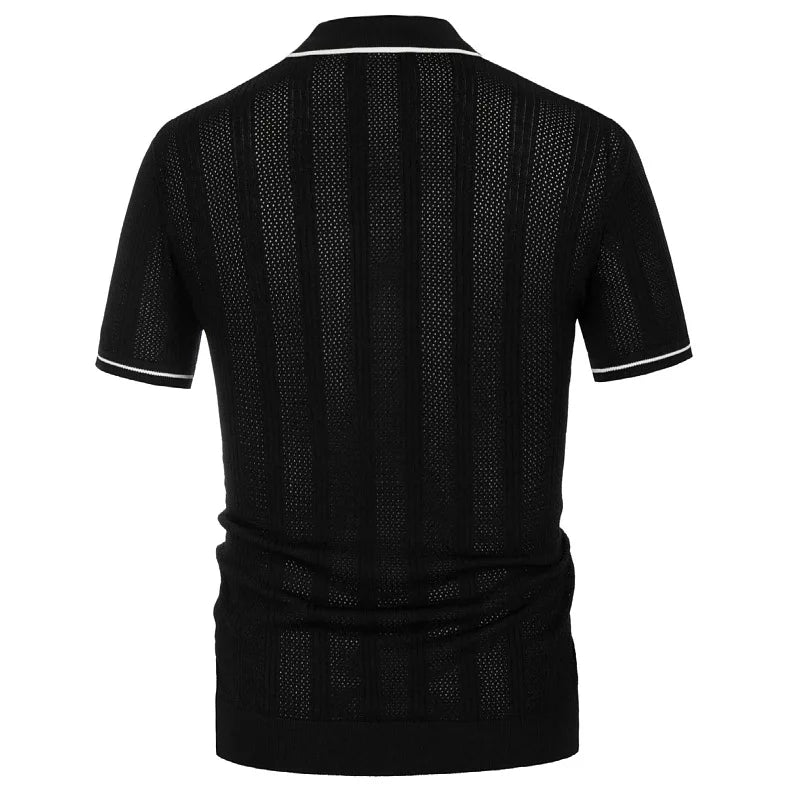 Summer Ice Silk Men Hollow Polo Shirt Breathable Soft Knit Shirt Top Men's Short-sleeved Tee