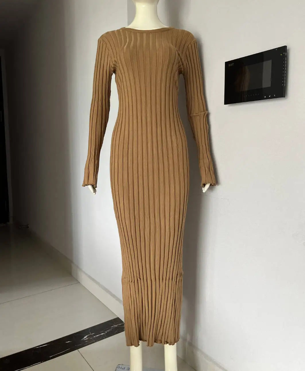 Lace-Up Female Knit Maxi Dress High Waist Fashion Patchwork Long Sleeve Loose Solid Dress Bandage Knitwear Dress