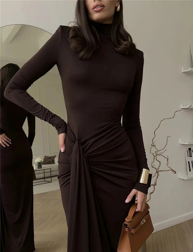 Turtleneck Thigh High Split Maxi Dress For Women Fashion Long Sleeve Draped Bandage