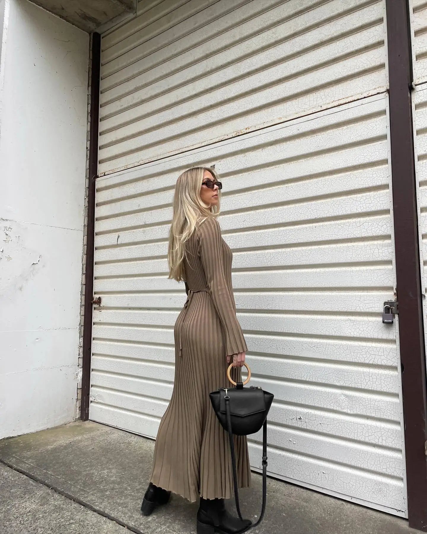 Lace-Up Female Knit Maxi Dress High Waist Fashion Patchwork Long Sleeve Loose Solid Dress Bandage Knitwear Dress