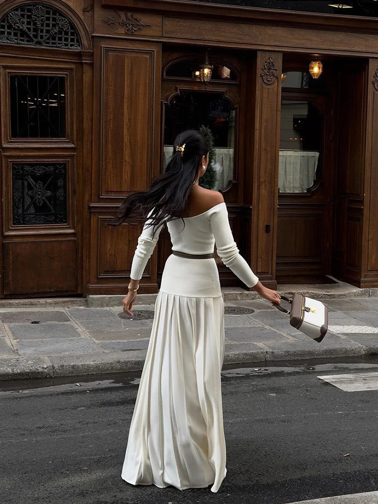 Elegant Off-shoulder Pleated Maxi Dress Long Sleeve Patchwork Long High Split Dresses