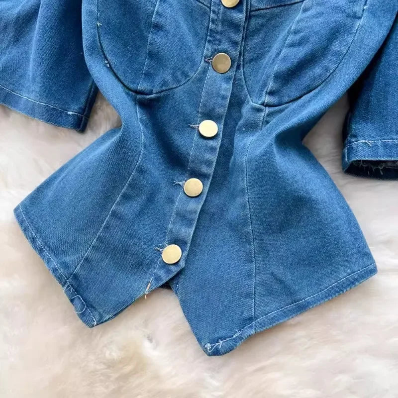 Western Style Denim Dress Set Women Suit New Sexy Retro Square Collar Puff Short Sleeve Shirt Top + High Waist A-line Long Skirt