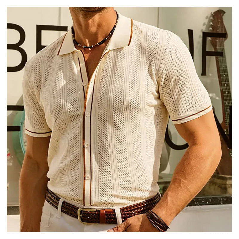 Summer Ice Silk Men Hollow Polo Shirt Breathable Soft Knit Shirt Top Men's Short-sleeved Tee