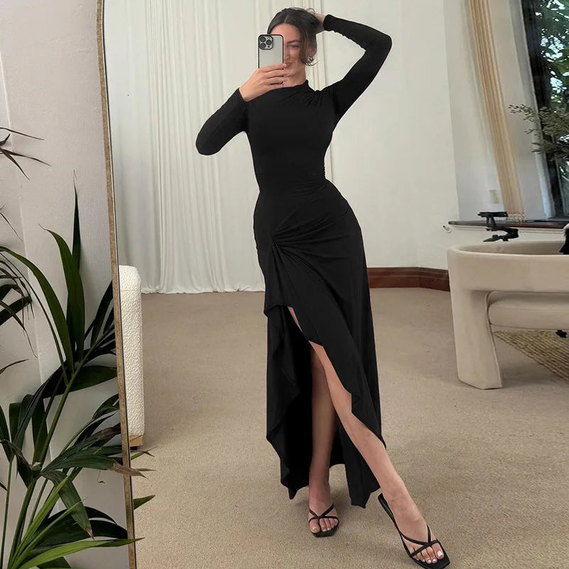 Elegant White Ruched Dresses Womens Long Sleeve Curvy Slit Evening Luxury Party Dress Winter Evening Black Gowns Red Prom